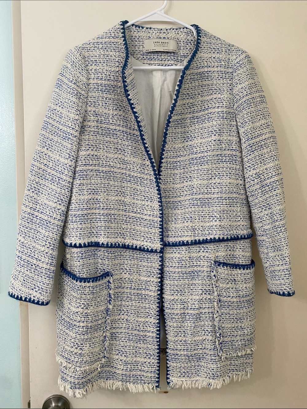 Zara Ivory Tweed Coat with Blue Trim